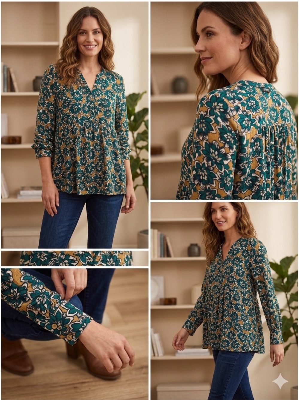 Olsen Teal Floral Henley Babydoll Tunic Top - P2P 20